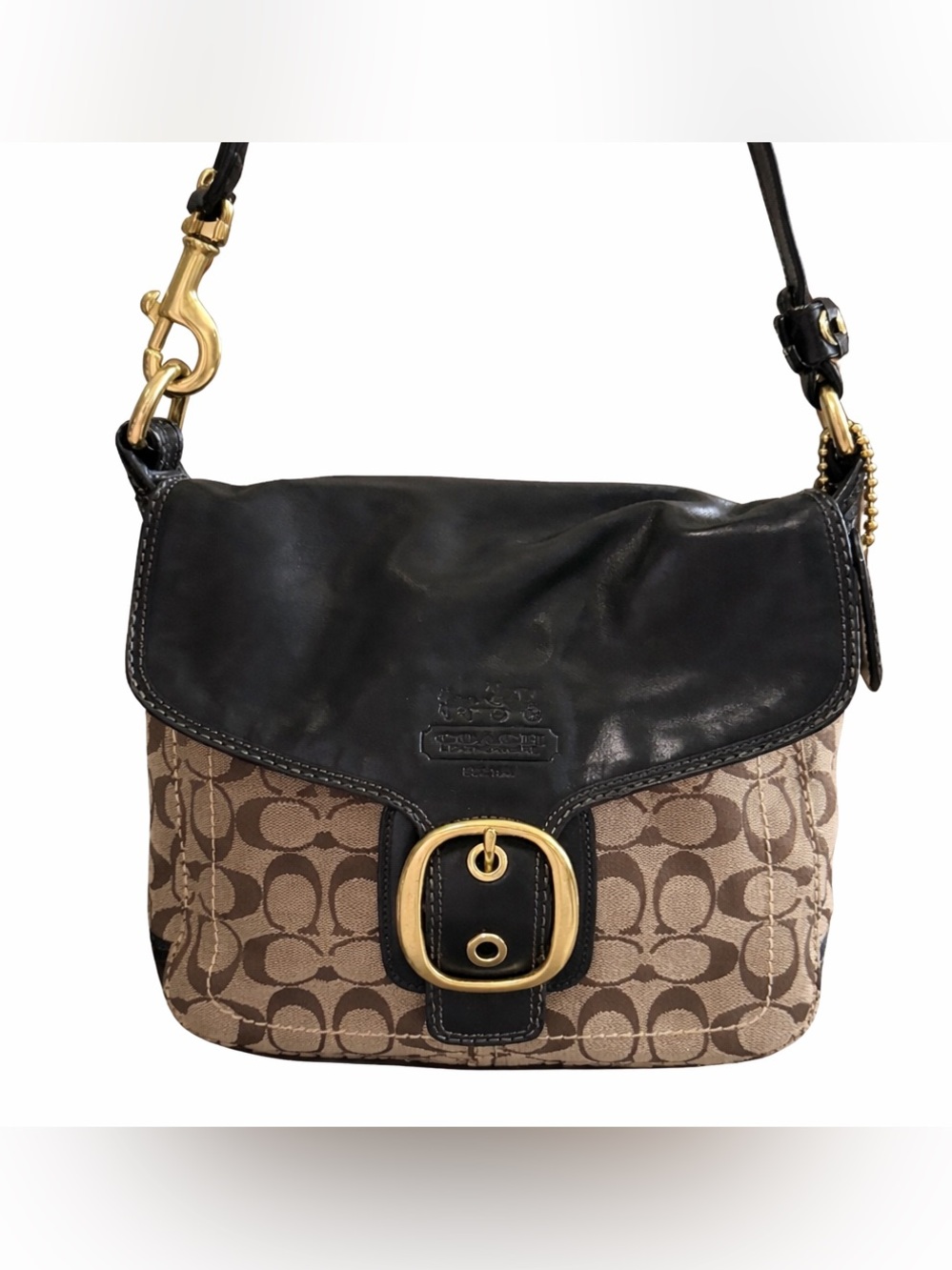 Coach Bleecker Signature Buckle Flap Shoulder Bag Brown Black Canvas